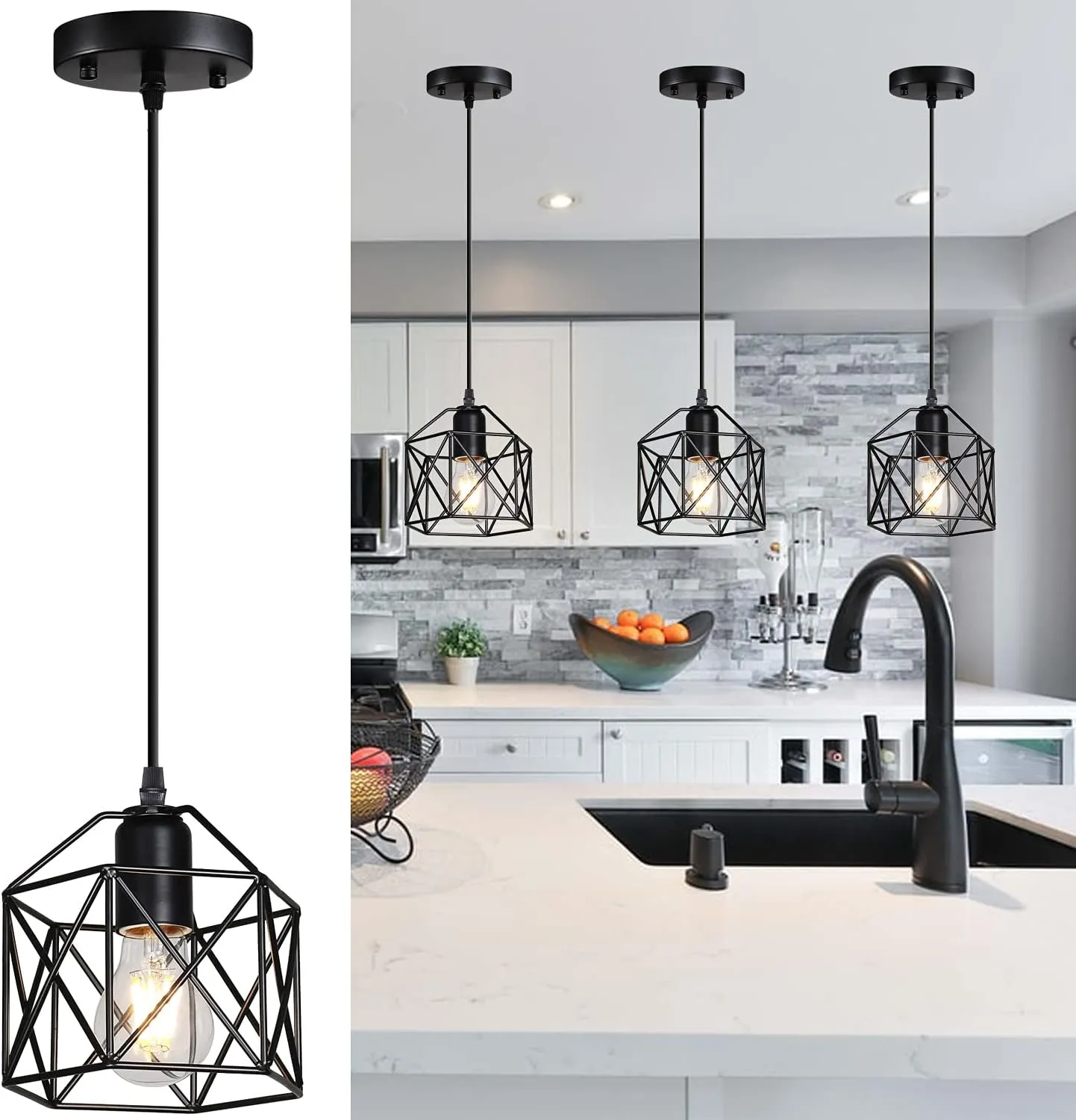 1-Light Vintage Hanging Light Pendant Light Fixture Farmhouse Basket Cage Hanging Ceiling Light with Metal Caged for Kitchen Island Dining Restaurant Room Hallway Hotel Bar…