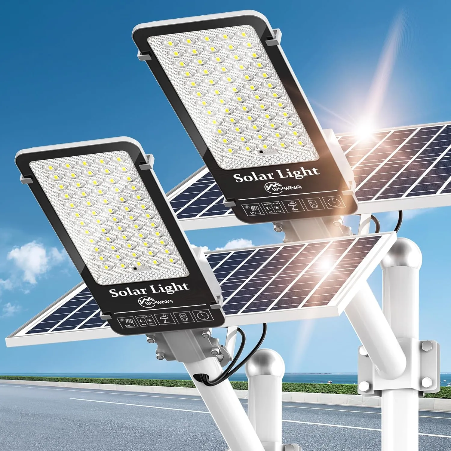 10000W Solar Street Lights Outdoor - 6500K Solar Parking Lot Lights Commercial Dusk to Dawn, Heavy Duty Split Type LED Solar Street Light Remote Control, Street Lights Solar Powered for Yard (2Pack)