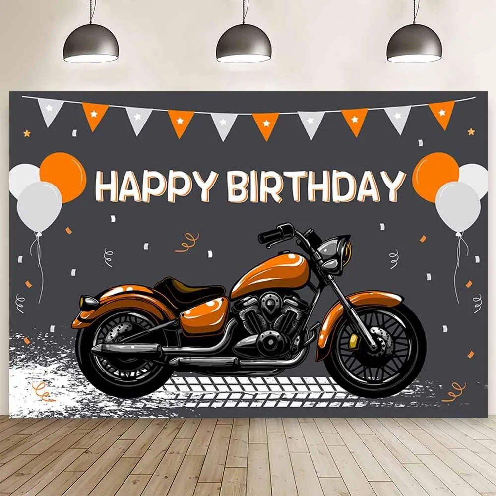 10x7ft Motorcycle Birthday Backdrop Orange Motocross Racing Balloon Happy Birthday Party Decoration Extreme Sports Photography Background Supplies Boys Dirt Bike Bday Cake Table Banner