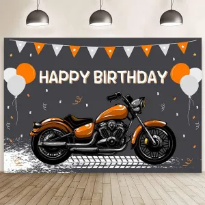 10x7ft Motorcycle Birthday Backdrop Orange Motocross Racing Balloon Happy Birthday Party Decoration Extreme Sports Photography Background Supplies Boys Dirt Bike Bday Cake Table Banner