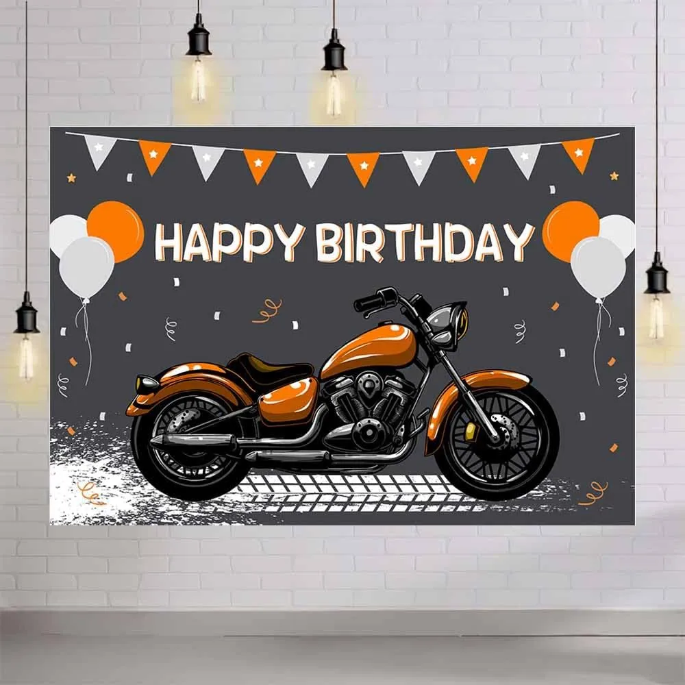 10x7ft Motorcycle Birthday Backdrop Orange Motocross Racing Balloon Happy Birthday Party Decoration Extreme Sports Photography Background Supplies Boys Dirt Bike Bday Cake Table Banner