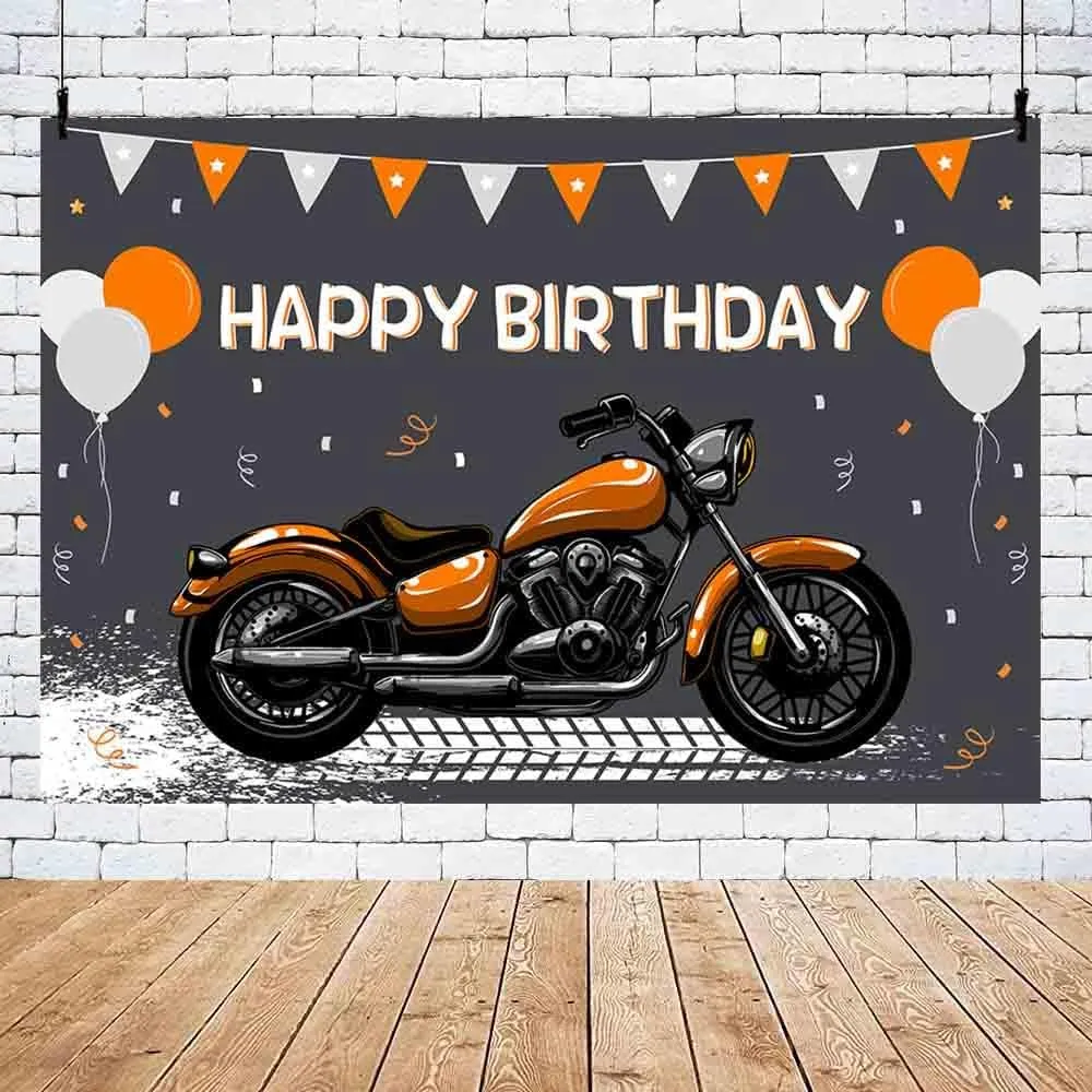 10x7ft Motorcycle Birthday Backdrop Orange Motocross Racing Balloon Happy Birthday Party Decoration Extreme Sports Photography Background Supplies Boys Dirt Bike Bday Cake Table Banner