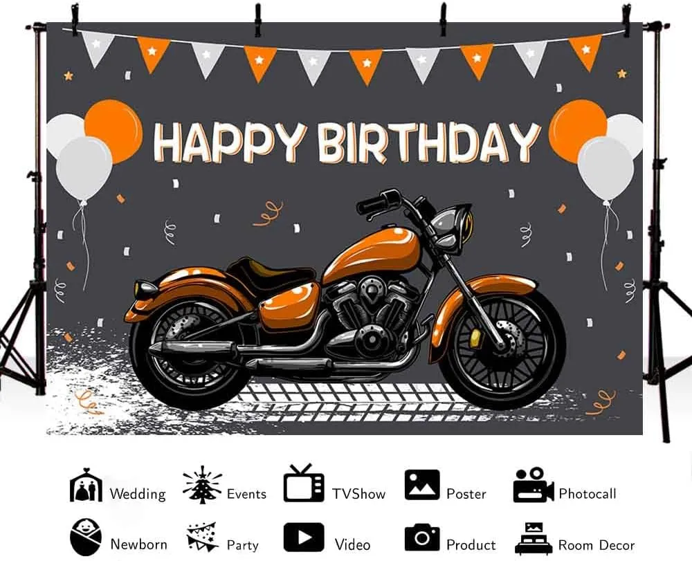 10x7ft Motorcycle Birthday Backdrop Orange Motocross Racing Balloon Happy Birthday Party Decoration Extreme Sports Photography Background Supplies Boys Dirt Bike Bday Cake Table Banner