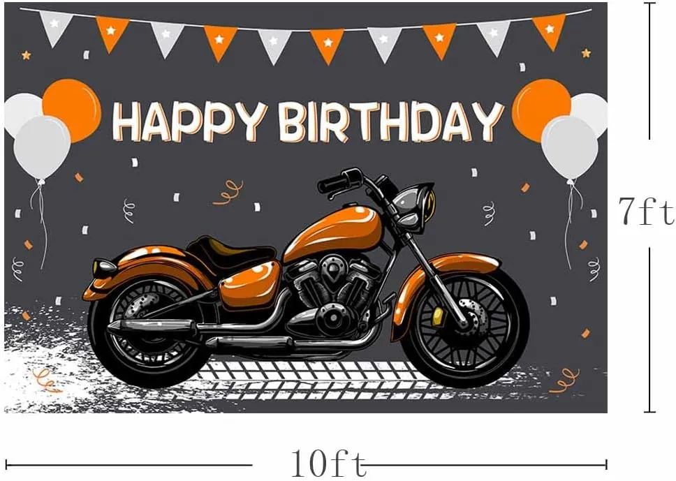 10x7ft Motorcycle Birthday Backdrop Orange Motocross Racing Balloon Happy Birthday Party Decoration Extreme Sports Photography Background Supplies Boys Dirt Bike Bday Cake Table Banner