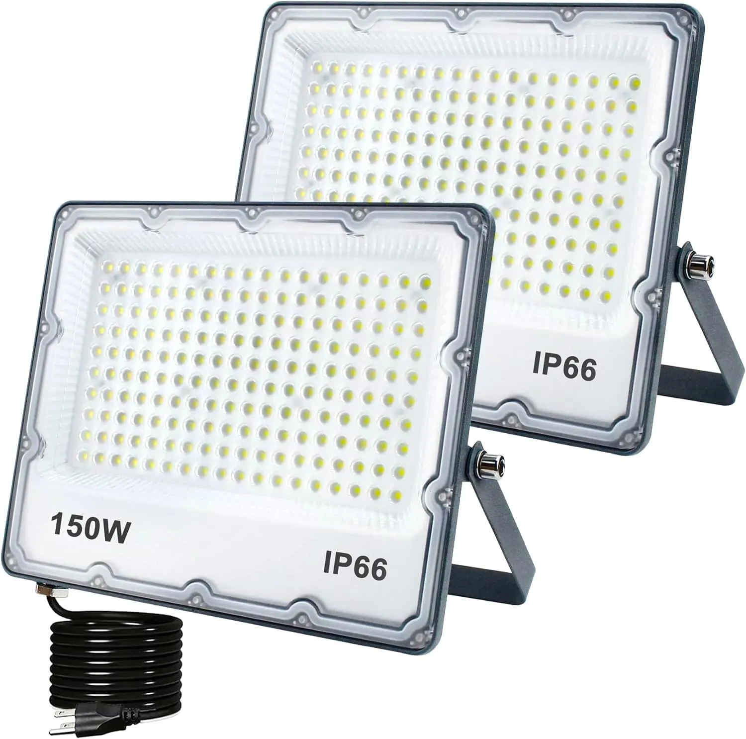 150W LED Flood Lights Plug in, Outdoor Security Lighting Fixtures 3000K 15000LM Warm White Illumination, IP66 Waterproof Projects for Garage, Warehouse, Pathway, Yard（2 Pack ）