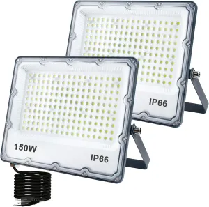 150W LED Flood Lights Plug in, Outdoor Security Lighting Fixtures 3000K 15000LM Warm White Illumination, IP66 Waterproof Projects for Garage, Warehouse, Pathway, Yard（2 Pack ）