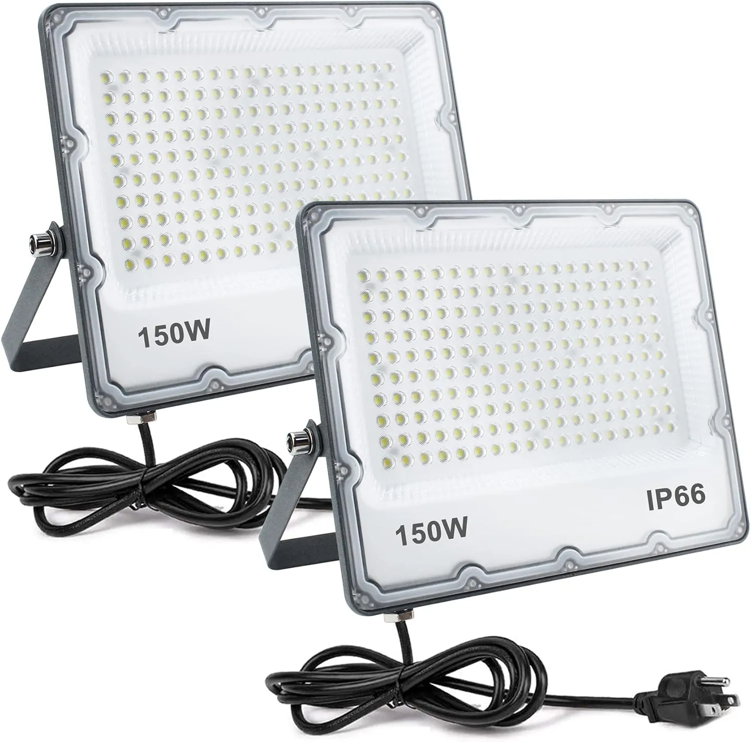 150W LED Flood Lights Plug in, Outdoor Security Lights Fixtures 6500K 15000LM Illumination, IP66 Waterproof White Lighting for Ball Ground, Parking Lot, Pathway, Yard (2 Pack)
