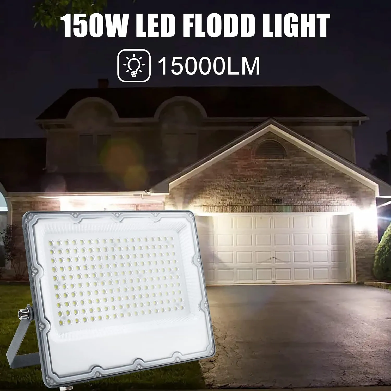 150W LED Flood Lights Plug in, Outdoor Security Lights Fixtures 6500K 15000LM Illumination, IP66 Waterproof White Lighting for Ball Ground, Parking Lot, Pathway, Yard (2 Pack)