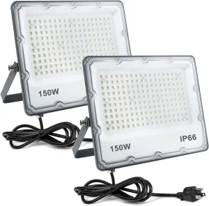 150W LED Flood Lights Plug in, Outdoor Security Lights Fixtures 6500K 15000LM Illumination, IP66 Waterproof White Lighting for Ball Ground, Parking Lot, Pathway, Yard (2 Pack)