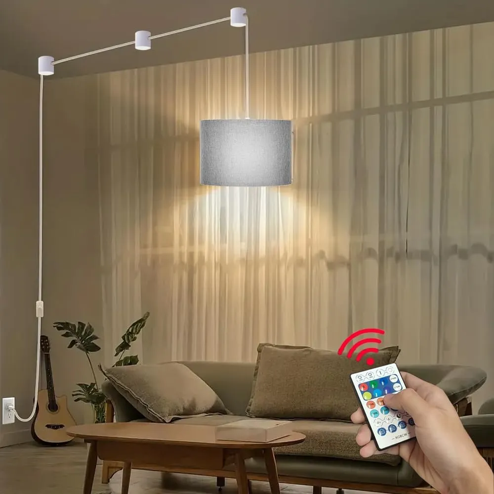 15FT Hanging Lamp with Switch,Gray Hanging Lights with Plug in Cord, Pendant Lamp with Remote Control, Bulb Included, Pendant Light Fixture for Living Room Bedroom Farmhouse