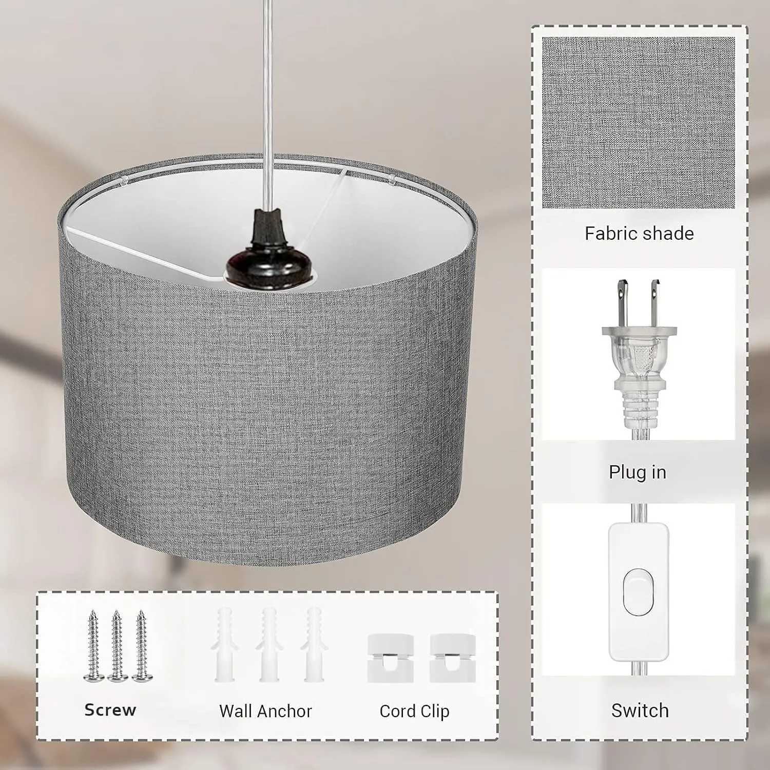 15FT Hanging Lamp with Switch,Gray Hanging Lights with Plug in Cord, Pendant Lamp with Remote Control, Bulb Included, Pendant Light Fixture for Living Room Bedroom Farmhouse