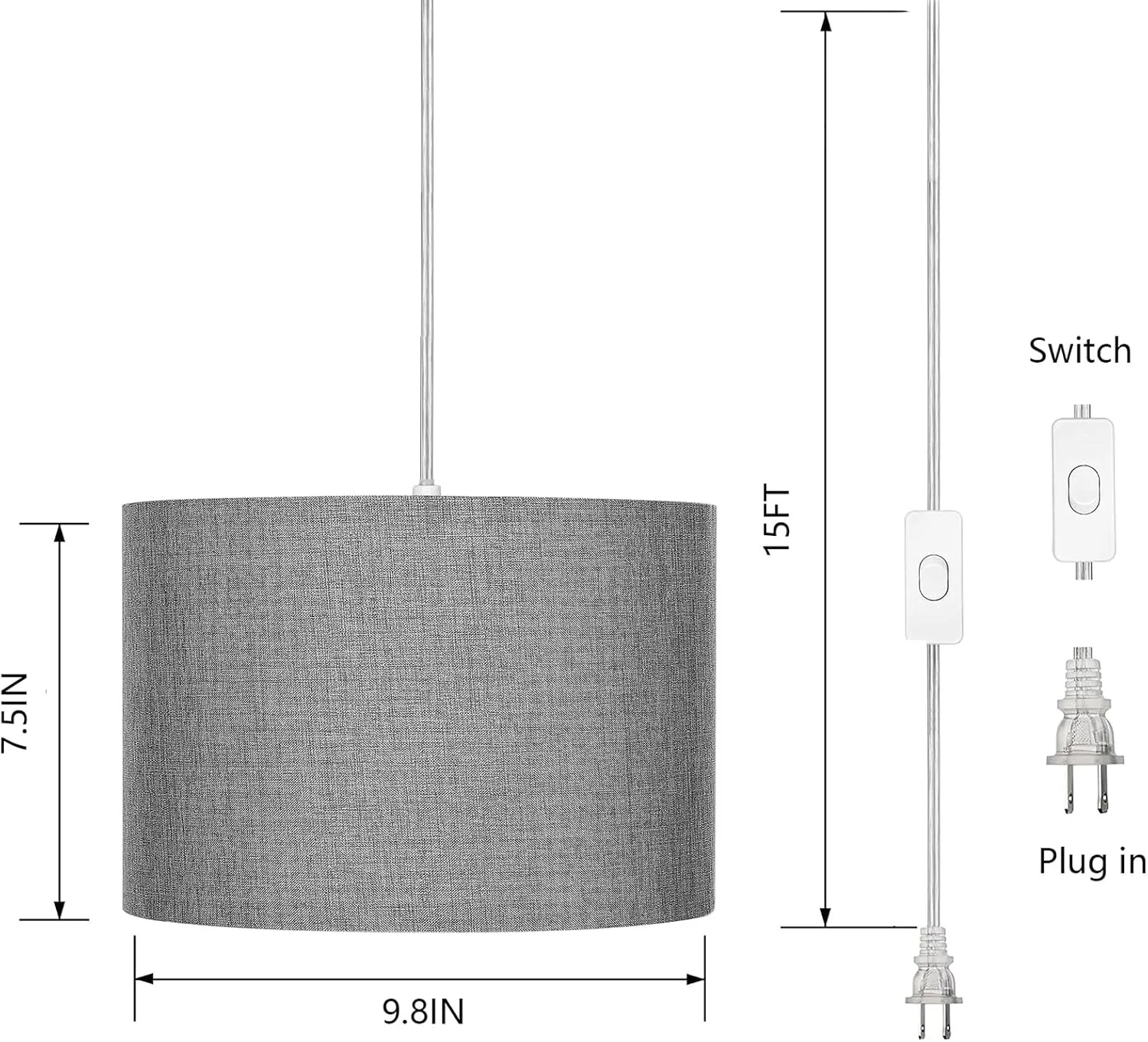 15FT Hanging Lamp with Switch,Gray Hanging Lights with Plug in Cord, Pendant Lamp with Remote Control, Bulb Included, Pendant Light Fixture for Living Room Bedroom Farmhouse