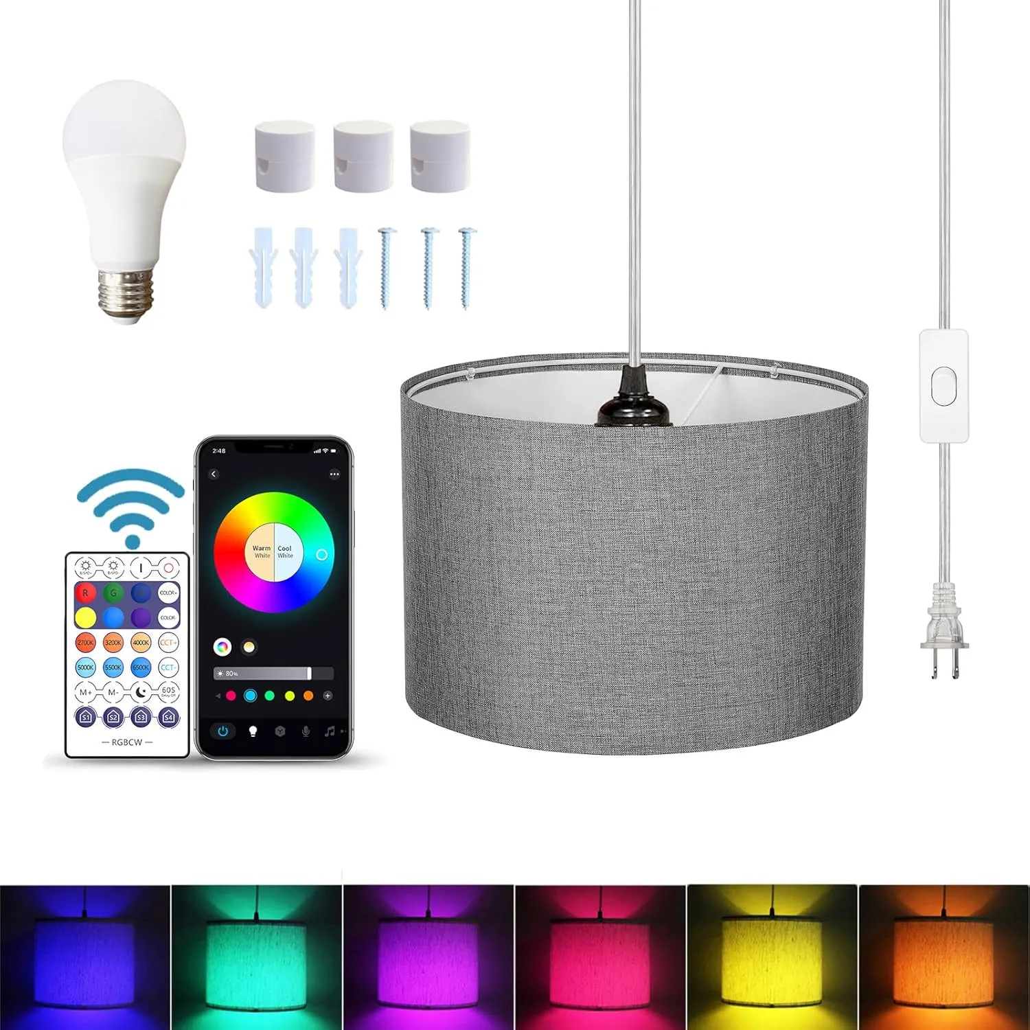 15FT Hanging Lamp with Switch,Gray Hanging Lights with Plug in Cord, Pendant Lamp with Remote Control, Bulb Included, Pendant Light Fixture for Living Room Bedroom Farmhouse