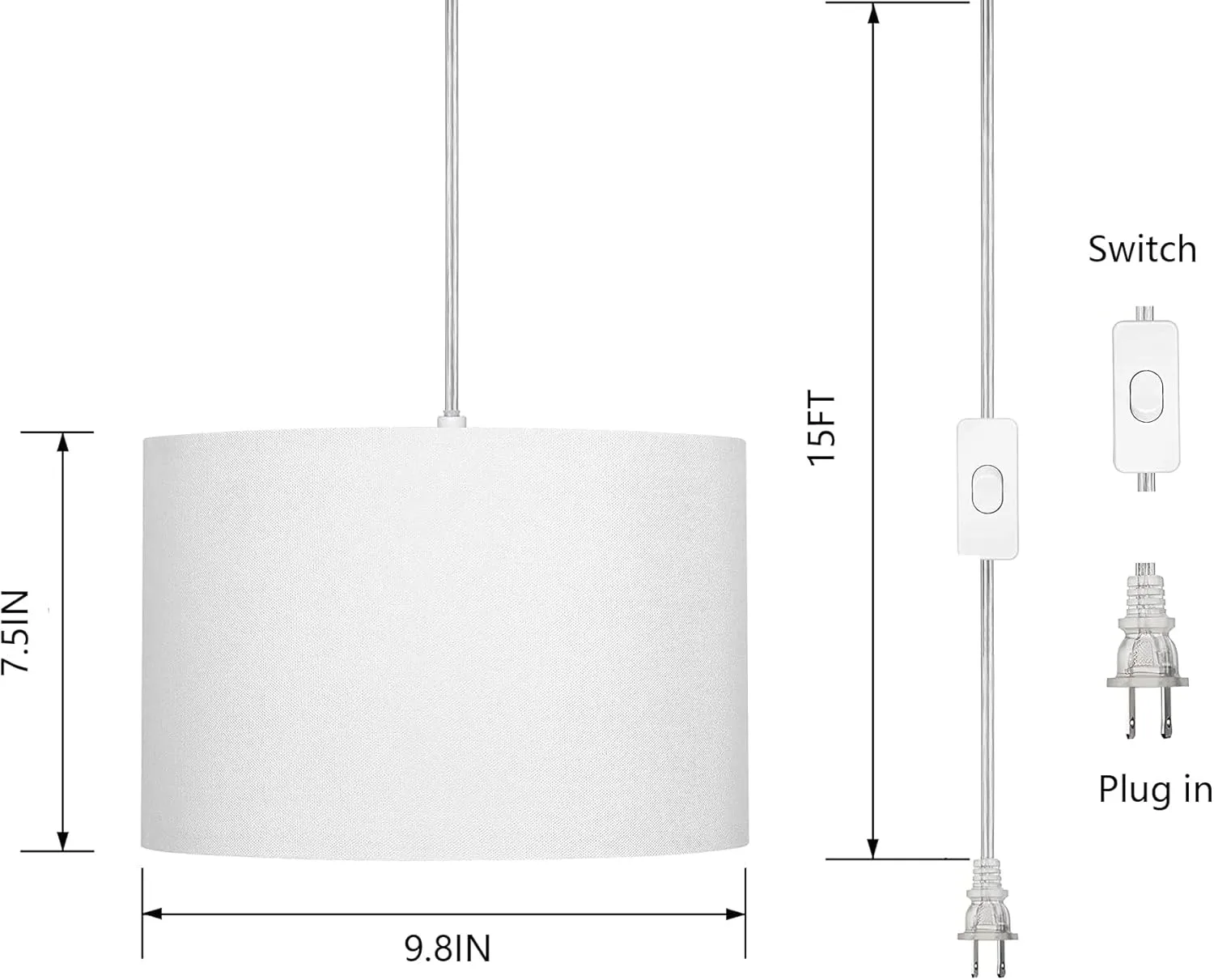 15FT Hanging lamp with Switch,White Hanging Lights with Plug in Cord, Pendant Lamp with Remote Control，Pendant Light Fixture for Living Room Bedroom Farmhouse
