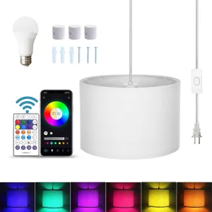 15FT Hanging lamp with Switch,White Hanging Lights with Plug in Cord, Pendant Lamp with Remote Control，Pendant Light Fixture for Living Room Bedroom Farmhouse