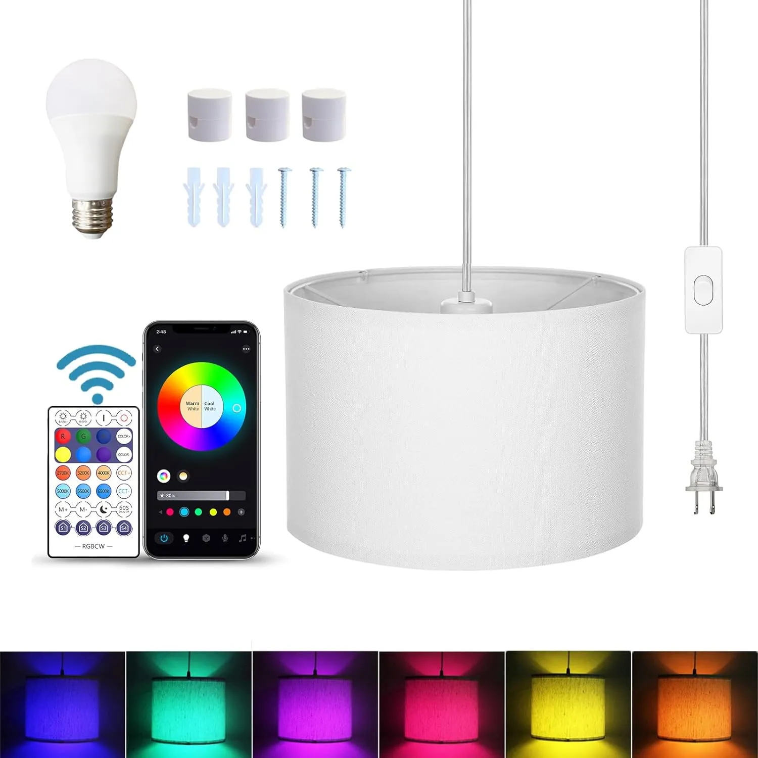 15FT Hanging lamp with Switch,White Hanging Lights with Plug in Cord, Pendant Lamp with Remote Control，Pendant Light Fixture for Living Room Bedroom Farmhouse