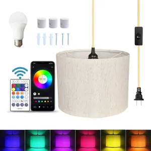 15FT Plug in Hanging Lamp with Switch, Flaxen Pendant Light with Plug in Cord, Hanging Light with Remote Control, Bulb Included, Pendant Light Fixture for Living Room Bedroom Farmhouse
