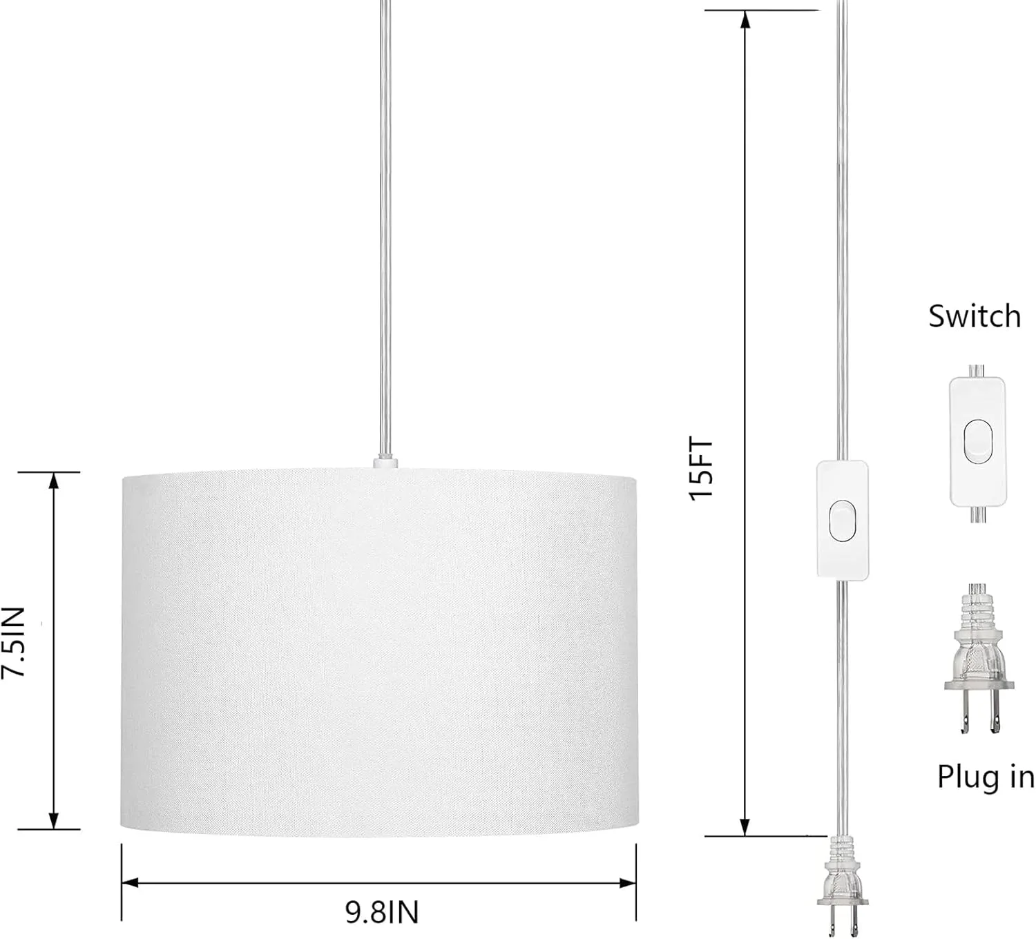 15FT Plug in Pendant Light with Switch,Hanging Lights with Plug in Cord, Hanging Light Pendant Lamp with Remote Control，Pendant Light Fixture for Living Room Bedroom Farmhouse (White x2)