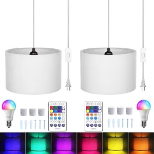 15FT Plug in Pendant Light with Switch,Hanging Lights with Plug in Cord, Hanging Light Pendant Lamp with Remote Control，Pendant Light Fixture for Living Room Bedroom Farmhouse (White x2)