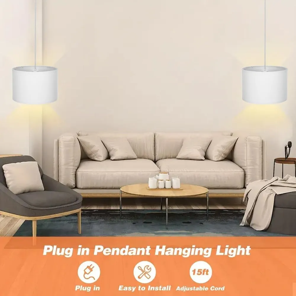 15FT Plug in Pendant Light with Switch,Hanging Lights with Plug in Cord, Hanging Light Pendant Lamp with Remote Control，Pendant Light Fixture for Living Room Bedroom Farmhouse (White x2)