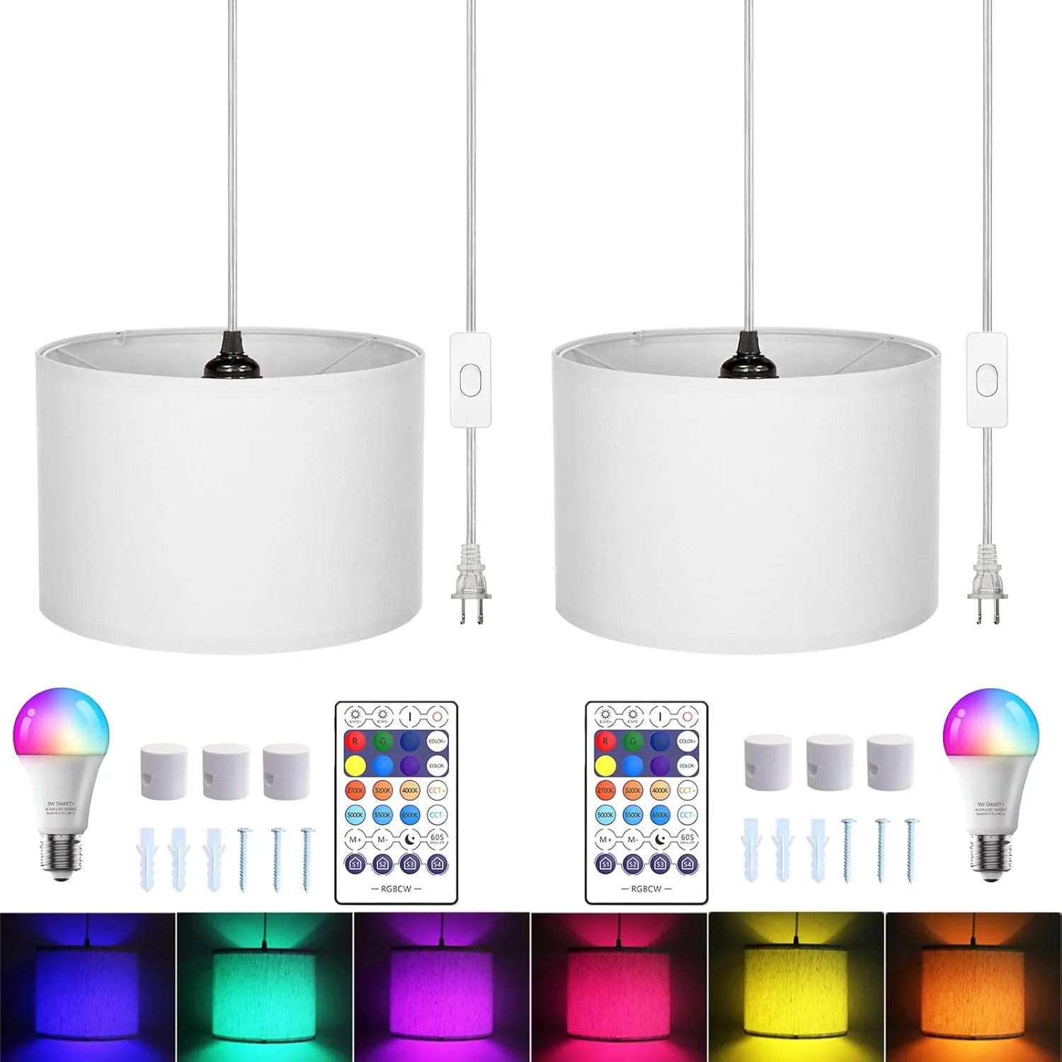 15FT Plug in Pendant Light with Switch,Hanging Lights with Plug in Cord, Hanging Light Pendant Lamp with Remote Control，Pendant Light Fixture for Living Room Bedroom Farmhouse (White x2)