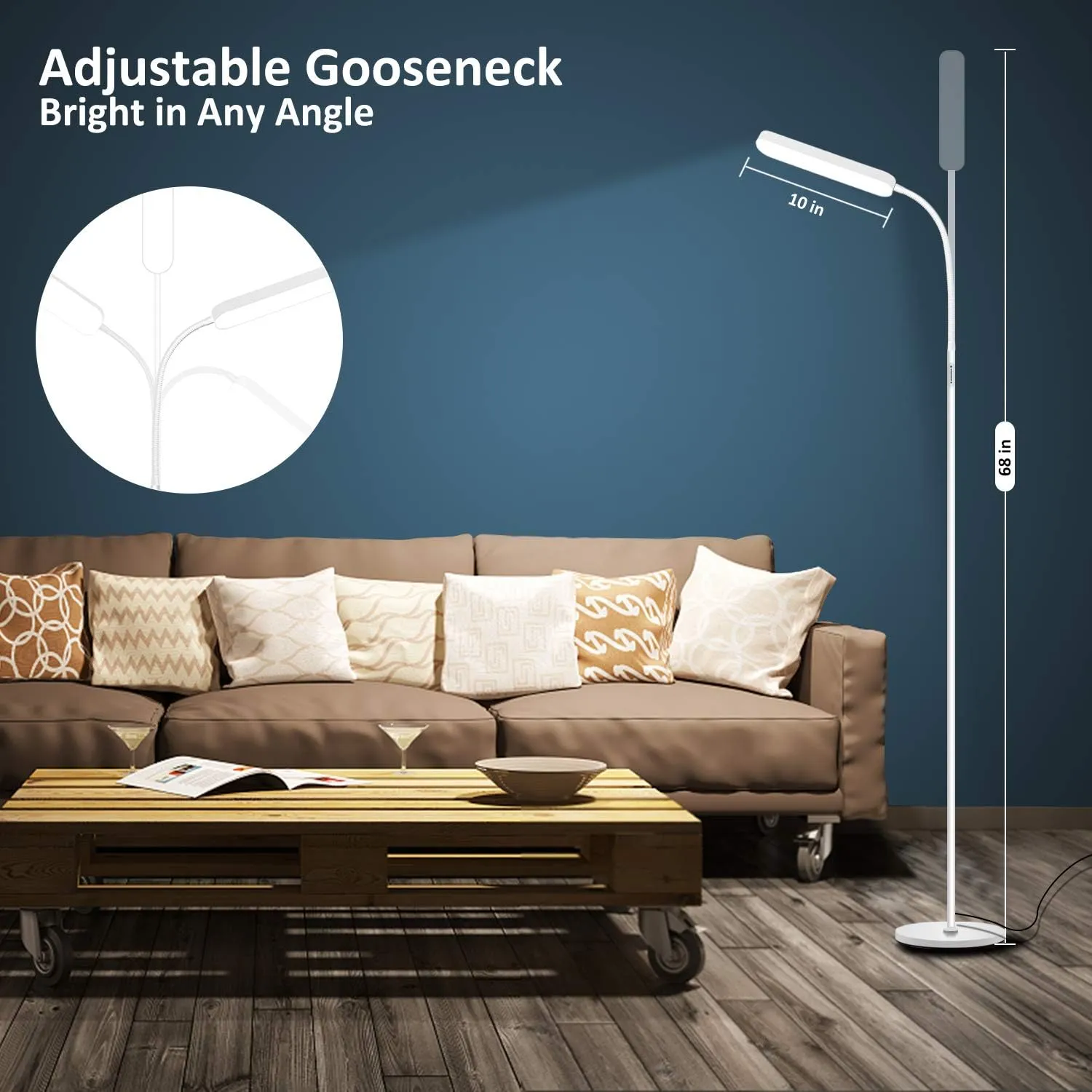 15w/1000lm Bright LED Floor Lamp with 4 Color Temperature and Stepless Dimmer, Remote and Touch Control Reading Lamp, Adjustable Gooseneck LED Floor Lamp for Living Room
