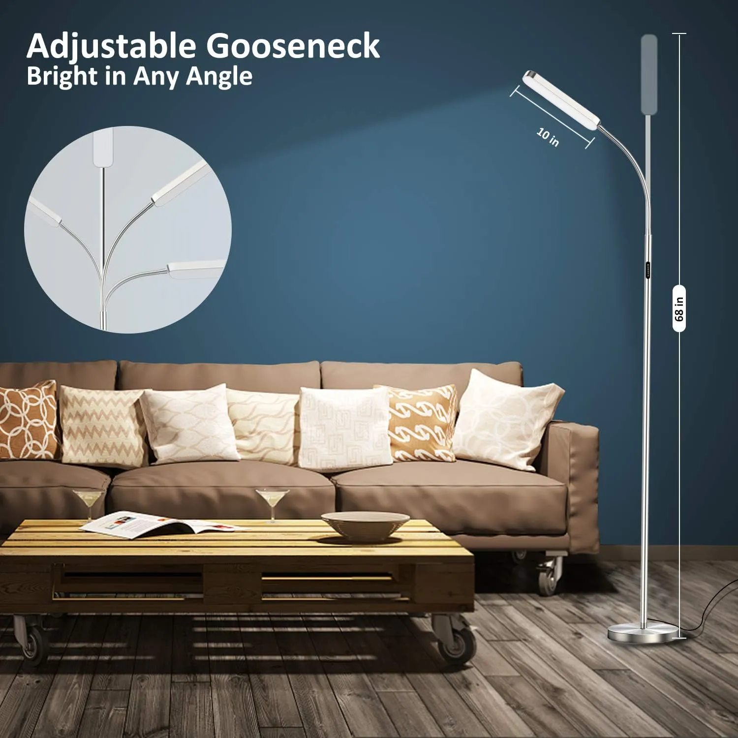 15w/1000lm Bright LED Floor Lamp with Stepless Adjustable 3000K-6000K Colors and Dimmer, Remote and Touch Control Reading Lamp, Adjustable Gooseneck Floor Lamp for Living Room
