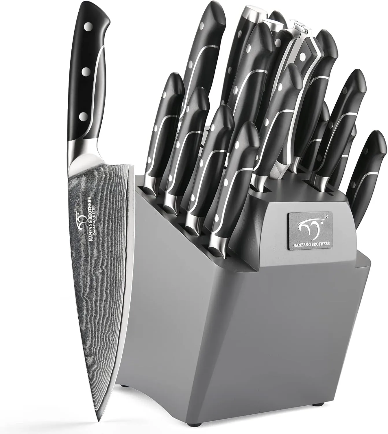 18 Pieces Damascus Kitchen Knife Set, 8 Piece Steak Knives, Non-slip ABS Ergonomic Triple Rivet Handle for Meat Fork, Knife Sharpener and Shears, 17 Slots Fraxinus Manchuria Knife Block (Grey)