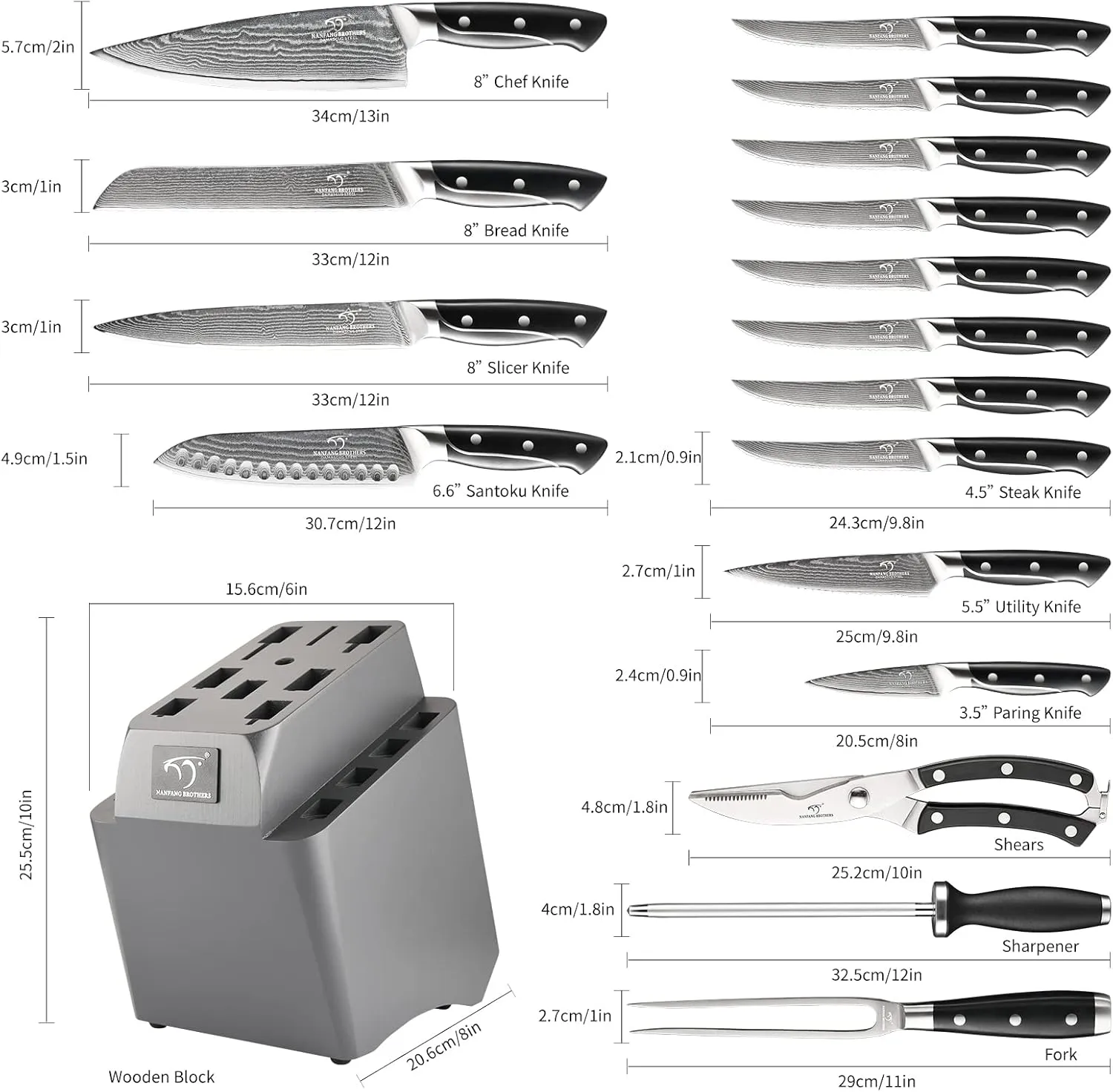 18 Pieces Damascus Kitchen Knife Set, 8 Piece Steak Knives, Non-slip ABS Ergonomic Triple Rivet Handle for Meat Fork, Knife Sharpener and Shears, 17 Slots Fraxinus Manchuria Knife Block (Grey)