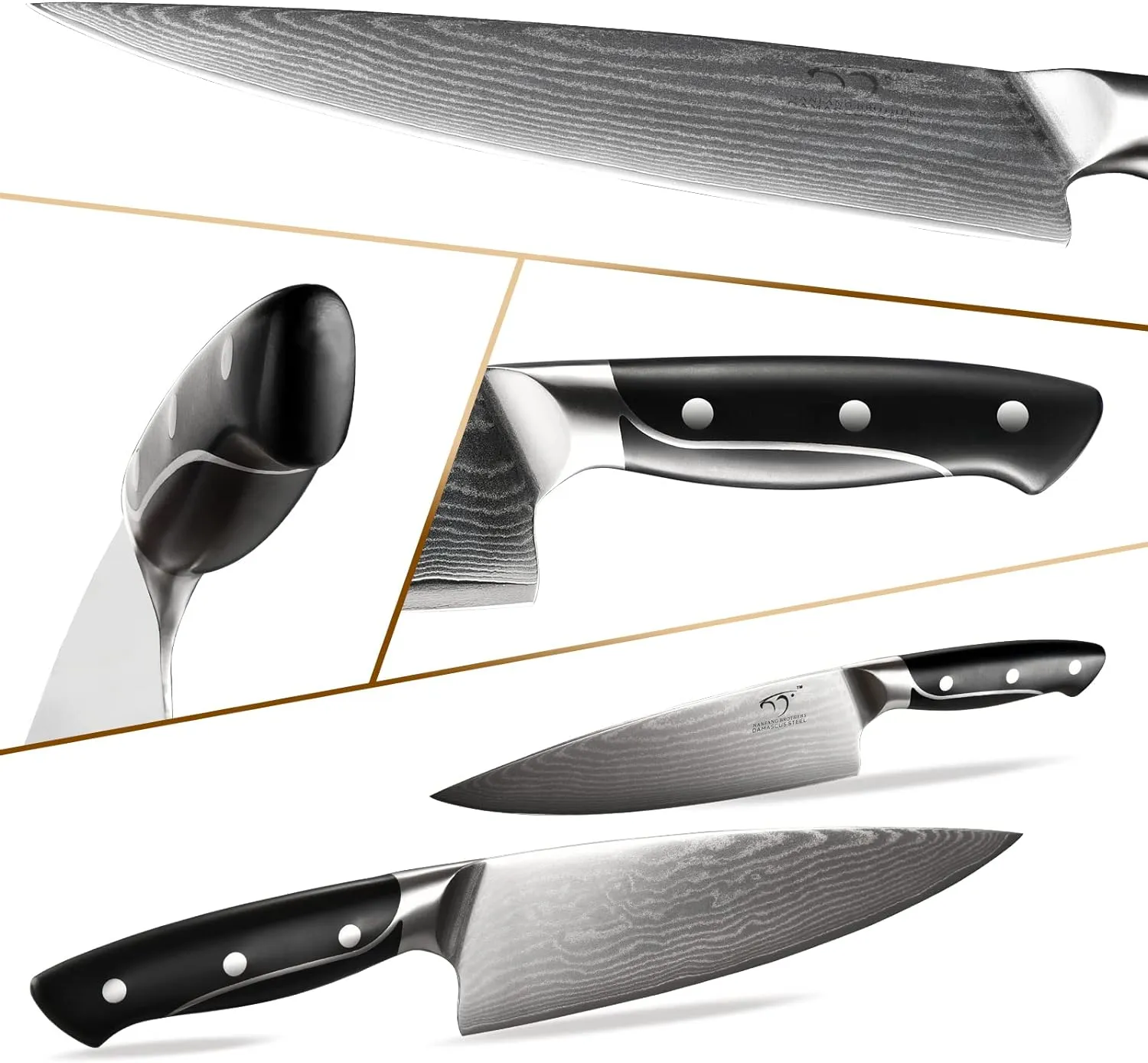 18 Pieces Damascus Kitchen Knife Set, 8 Piece Steak Knives, Non-slip ABS Ergonomic Triple Rivet Handle for Meat Fork, Knife Sharpener and Shears, 17 Slots Fraxinus Manchuria Knife Block (Grey)