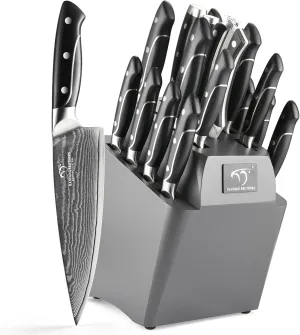 18 Pieces Damascus Kitchen Knife Set, 8 Piece Steak Knives, Non-slip ABS Ergonomic Triple Rivet Handle for Meat Fork, Knife Sharpener and Shears, 17 Slots Fraxinus Manchuria Knife Block (Grey)