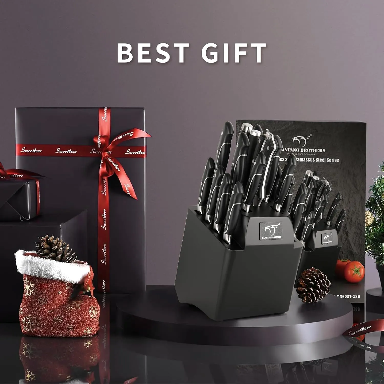 18 Pieces Damascus Kitchen Knife Set, 8 Piece Steak Knives, Non-slip ABS Ergonomic Triple Rivet Handle for Meat Fork, Knife Sharpener and Shears, 17 Slots Wooden Knife Block