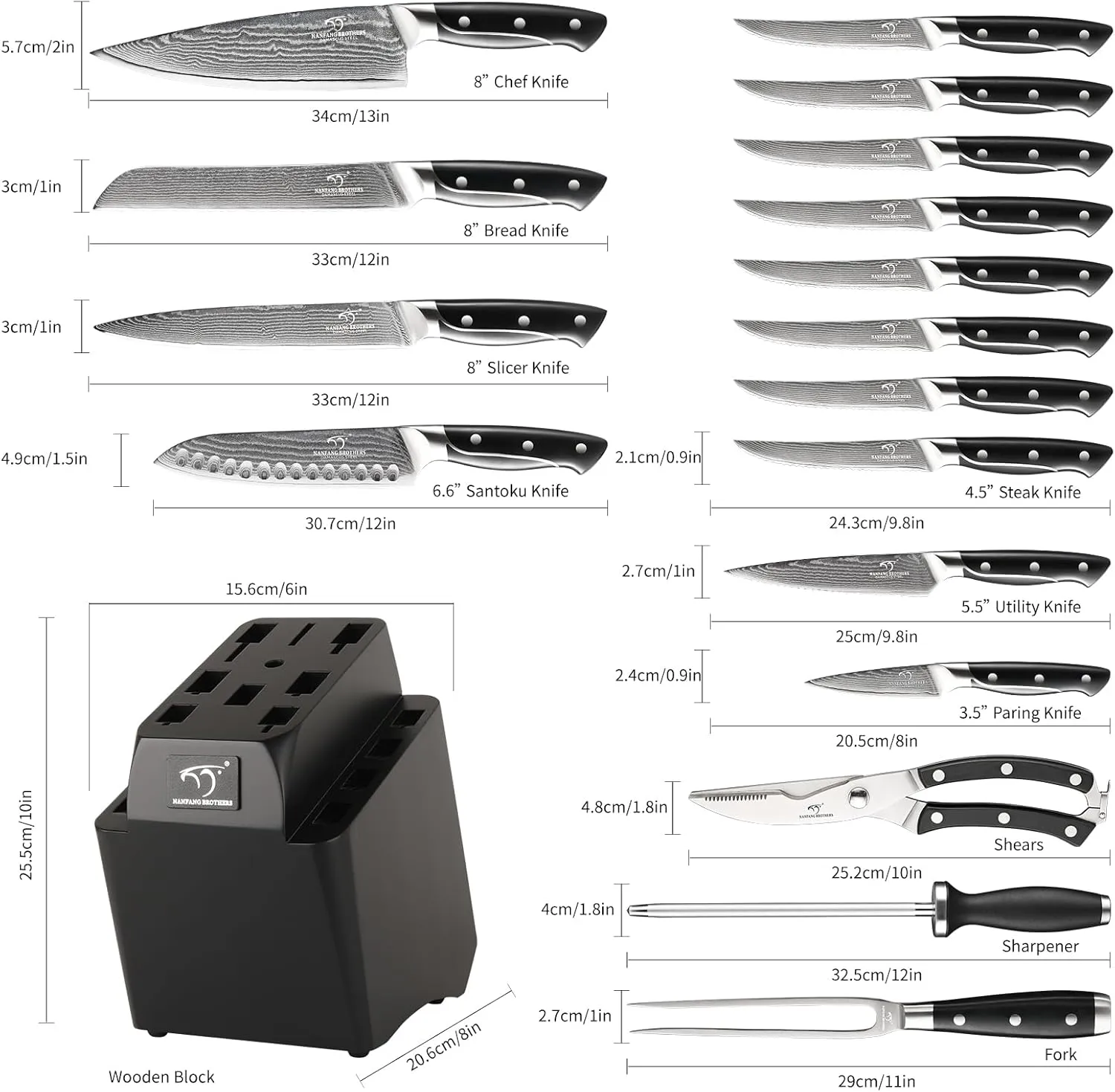 18 Pieces Damascus Kitchen Knife Set, 8 Piece Steak Knives, Non-slip ABS Ergonomic Triple Rivet Handle for Meat Fork, Knife Sharpener and Shears, 17 Slots Wooden Knife Block