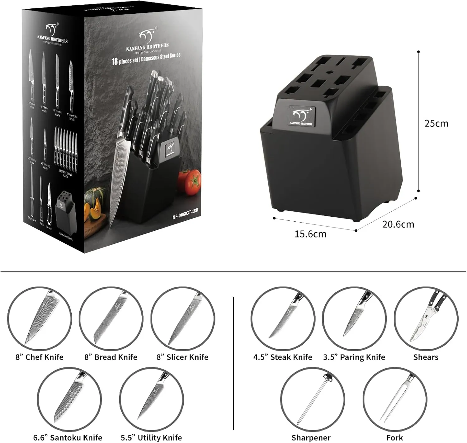 18 Pieces Damascus Kitchen Knife Set, 8 Piece Steak Knives, Non-slip ABS Ergonomic Triple Rivet Handle for Meat Fork, Knife Sharpener and Shears, 17 Slots Wooden Knife Block