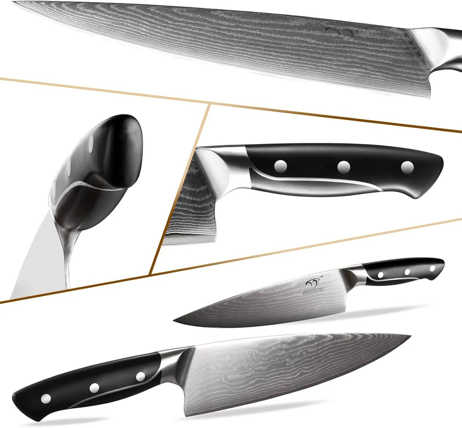 18 Pieces Damascus Kitchen Knife Set, 8 Piece Steak Knives, Non-slip ABS Ergonomic Triple Rivet Handle for Meat Fork, Knife Sharpener and Shears, 17 Slots Wooden Knife Block