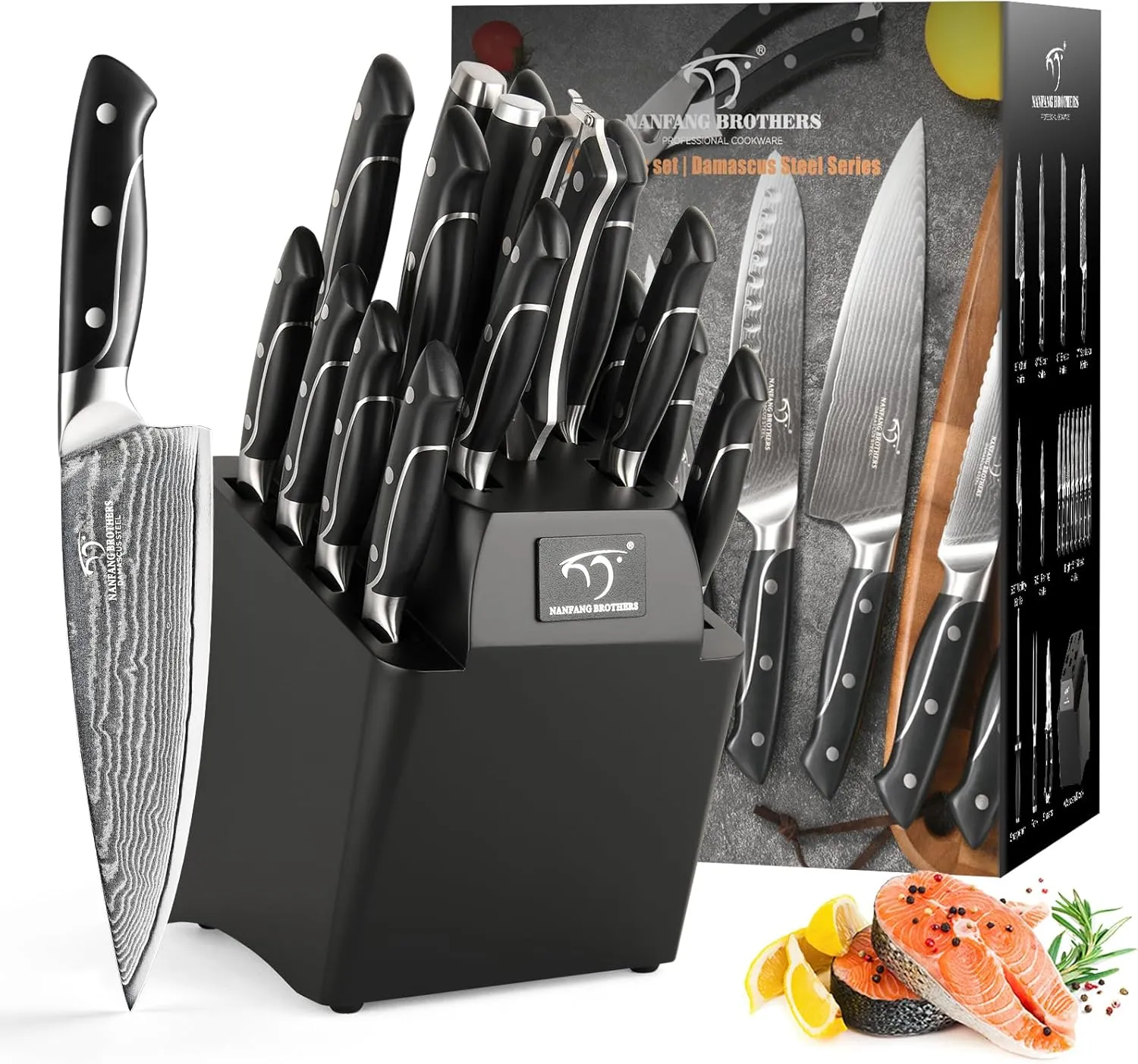 18 Pieces Damascus Kitchen Knife Set, 8 Piece Steak Knives, Non-slip ABS Ergonomic Triple Rivet Handle for Meat Fork, Knife Sharpener and Shears, 17 Slots Wooden Knife Block