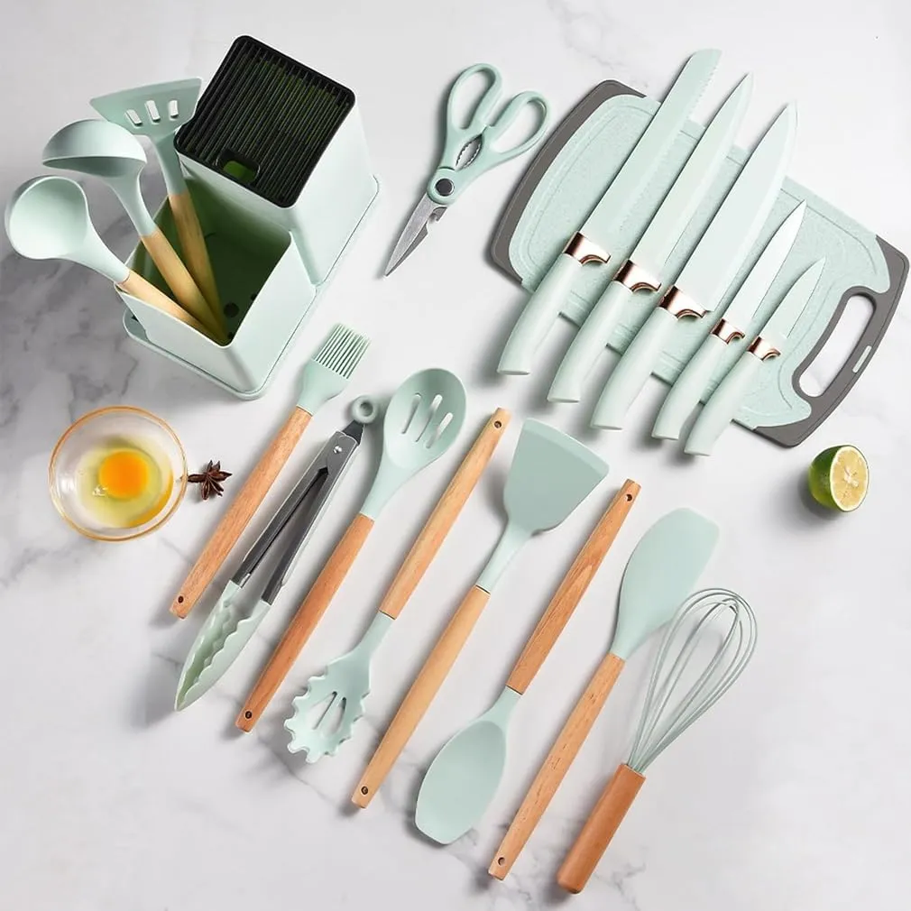 19 Piece Silicone Kitchen Utensil Set with Storage Bucket Non-Stick Cookware Tools, Camping Chef Kit, Food Grade Heat Resistant Silicone and Rust-Proof Coating