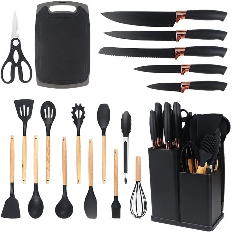 19 Piece Silicone Kitchen Utensil Set with Storage Bucket Non-Stick Cookware Tools, Camping Chef Kit, Food Grade Heat Resistant Silicone and Rust-Proof Coating