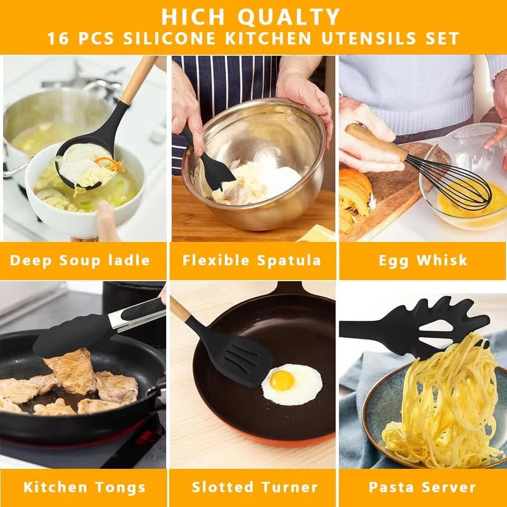 19 Piece Silicone Kitchen Utensil Set with Storage Bucket Non-Stick Cookware Tools, Camping Chef Kit, Food Grade Heat Resistant Silicone and Rust-Proof Coating