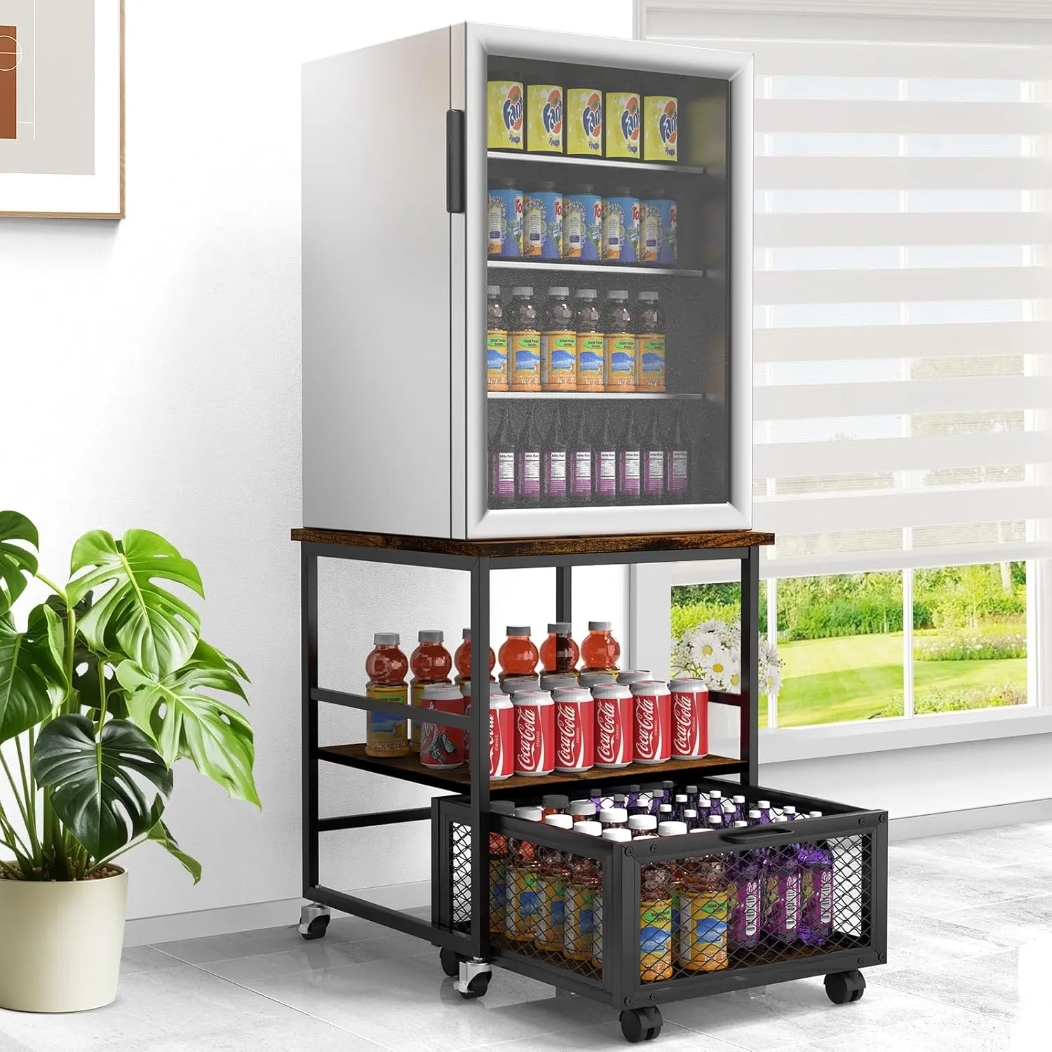 19.7x19.7in Mobile Mini Fridge Stand with Storage,Small Beverage Refrigerator Table with Wheels Rolling Compact Drawer Cart,Great for Dorm Home Office, Printer Stand, Coffee Table