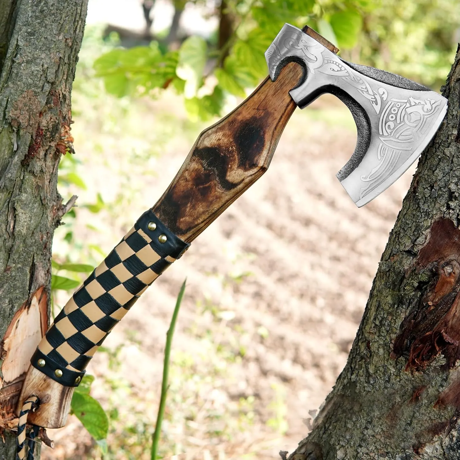 19" Custom Gift Hand Forged Viking Axe- Carbon Steel Camping Axe with Rose Wood Shaft - Viking Gifts for Men, Bearded Camping Axe (VALHALA 19)