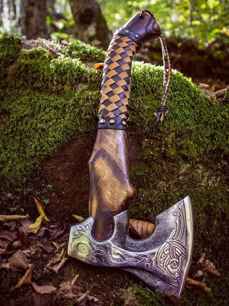 19" Custom Gift Hand Forged Viking Axe- Carbon Steel Camping Axe with Rose Wood Shaft - Viking Gifts for Men, Bearded Camping Axe (VALHALA 19)
