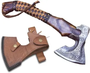 19" Custom Gift Hand Forged Viking Axe- Carbon Steel Camping Axe with Rose Wood Shaft - Viking Gifts for Men, Bearded Camping Axe (VALHALA 19)