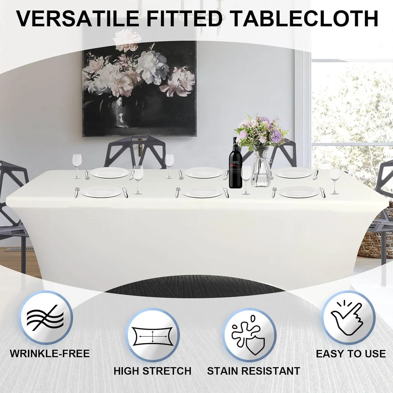 1PCS Fitted Tablecloth Black Table Clothes for 8 Foot Table Bed Table Cover, Stretch Party,Events, Wedding, Birthday, Banquet, Vendor (Dark Grey)
