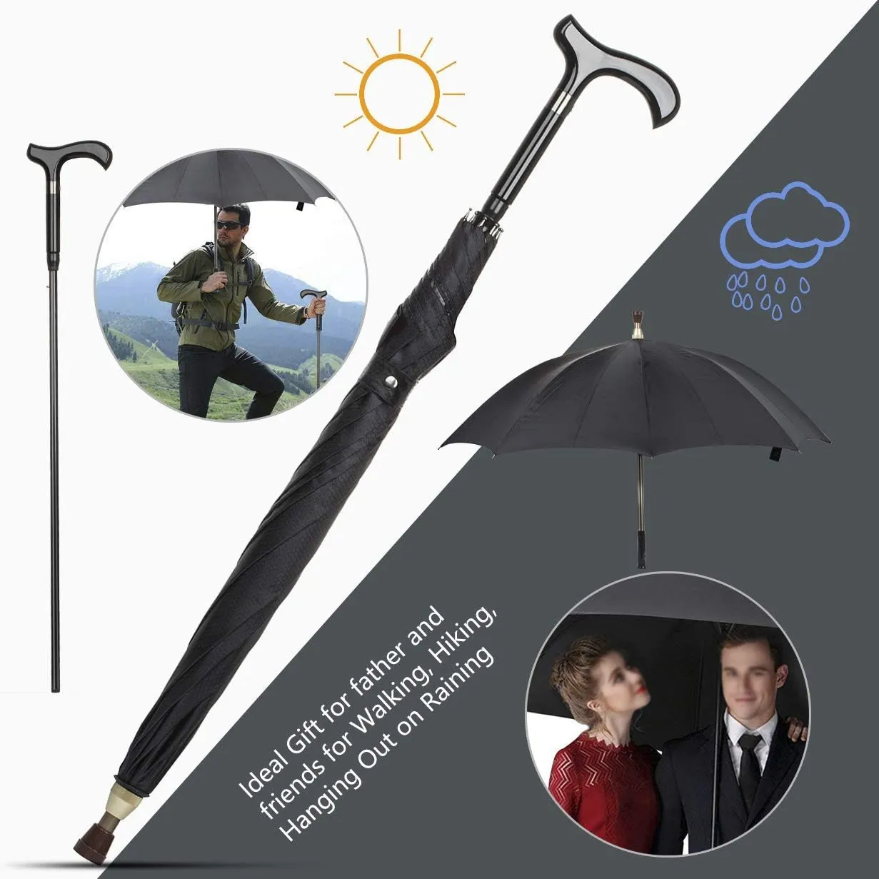2-in-1 Walking Sticks Umbrella - Windbreak Ribs Walking Cane Umbrella Lightweight, Heavy-Duty Frame- Ideal Father's Gift for Climbing, Hiking, Hanging Out on Raining
