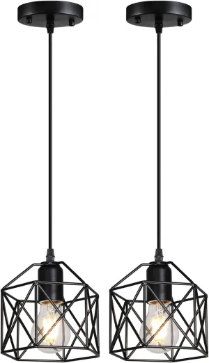 2 Pack 1 Light Vintage Hanging Light Pendant Light Fixture Farmhouse Basket Cage Hanging Ceiling Light，for Kitchen Island Dining Restaurant Room Hallway Hotel Bar Base Black Edison E26…
