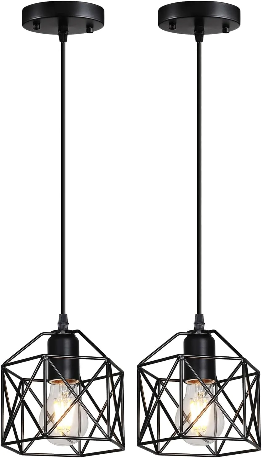 2 Pack 1 Light Vintage Hanging Light Pendant Light Fixture Farmhouse Basket Cage Hanging Ceiling Light，for Kitchen Island Dining Restaurant Room Hallway Hotel Bar Base Black Edison E26…