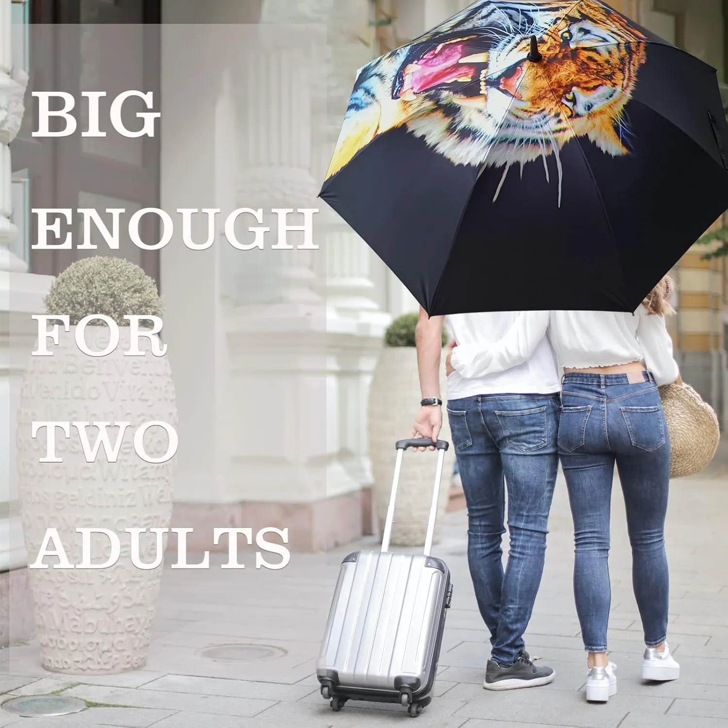 2 Pack Large Golf Umbrellas Windproof 56 Inch Heavy Duty, Automatic Open Oversized Adult Umbrella for Rain and Wind-Tiger Design and Blue D