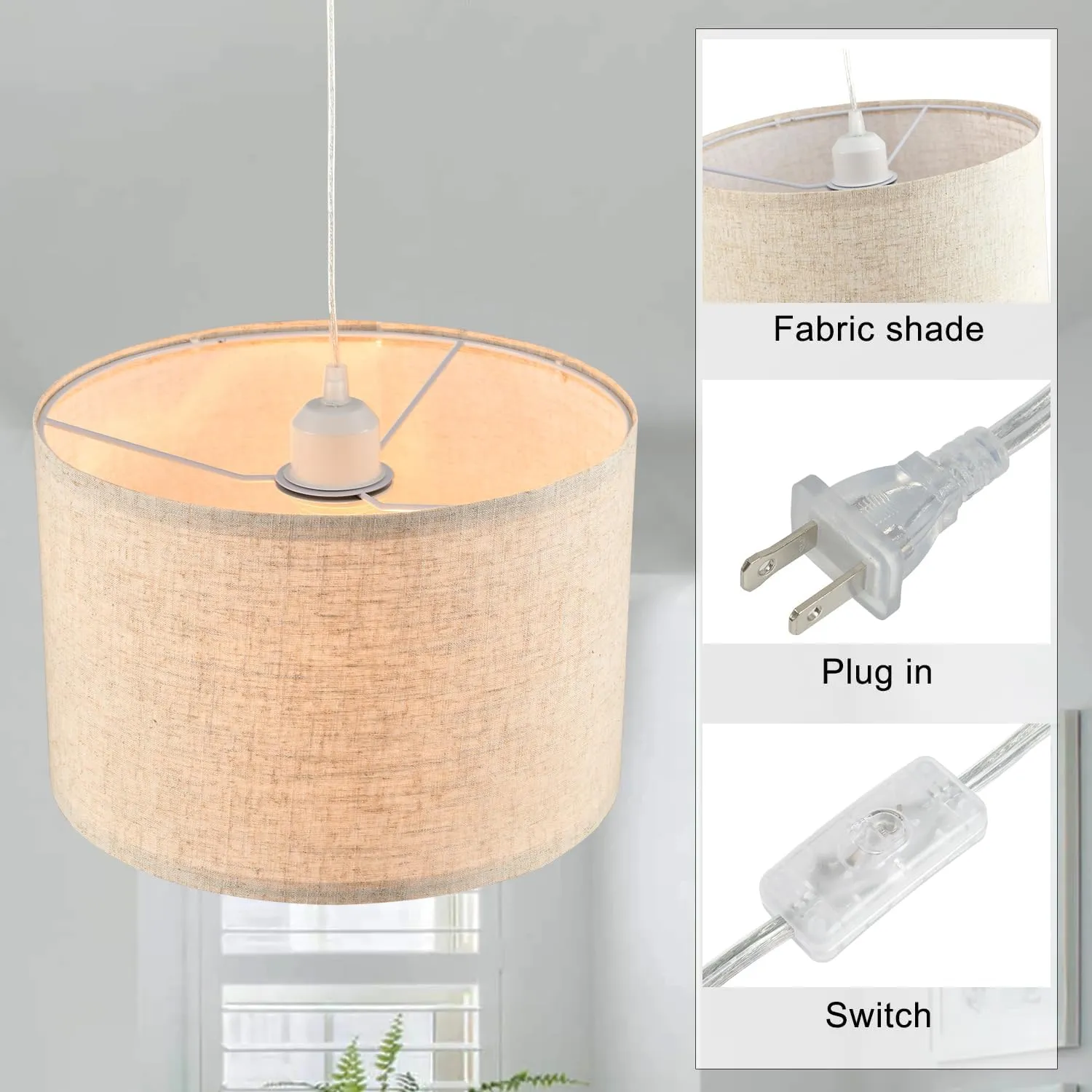 2 Pack Plug in Pendant Light, Hanging Light with 15Ft Clear Cord, On/Off Switch, Beige Linen Fabric Lamp Shade, Hanging Light Fixture for Bedroom, Kitchen, Living Room, Dining Table