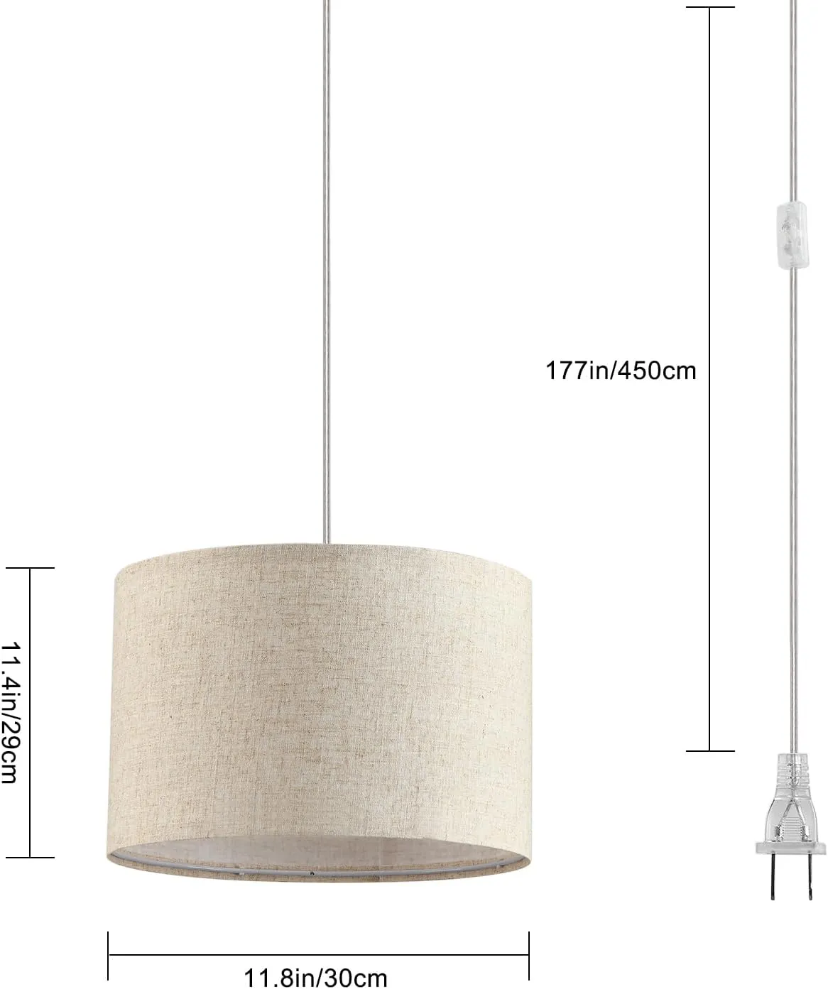 2 Pack Plug in Pendant Light, Hanging Light with 15Ft Clear Cord, On/Off Switch, Beige Linen Fabric Lamp Shade, Hanging Light Fixture for Bedroom, Kitchen, Living Room, Dining Table